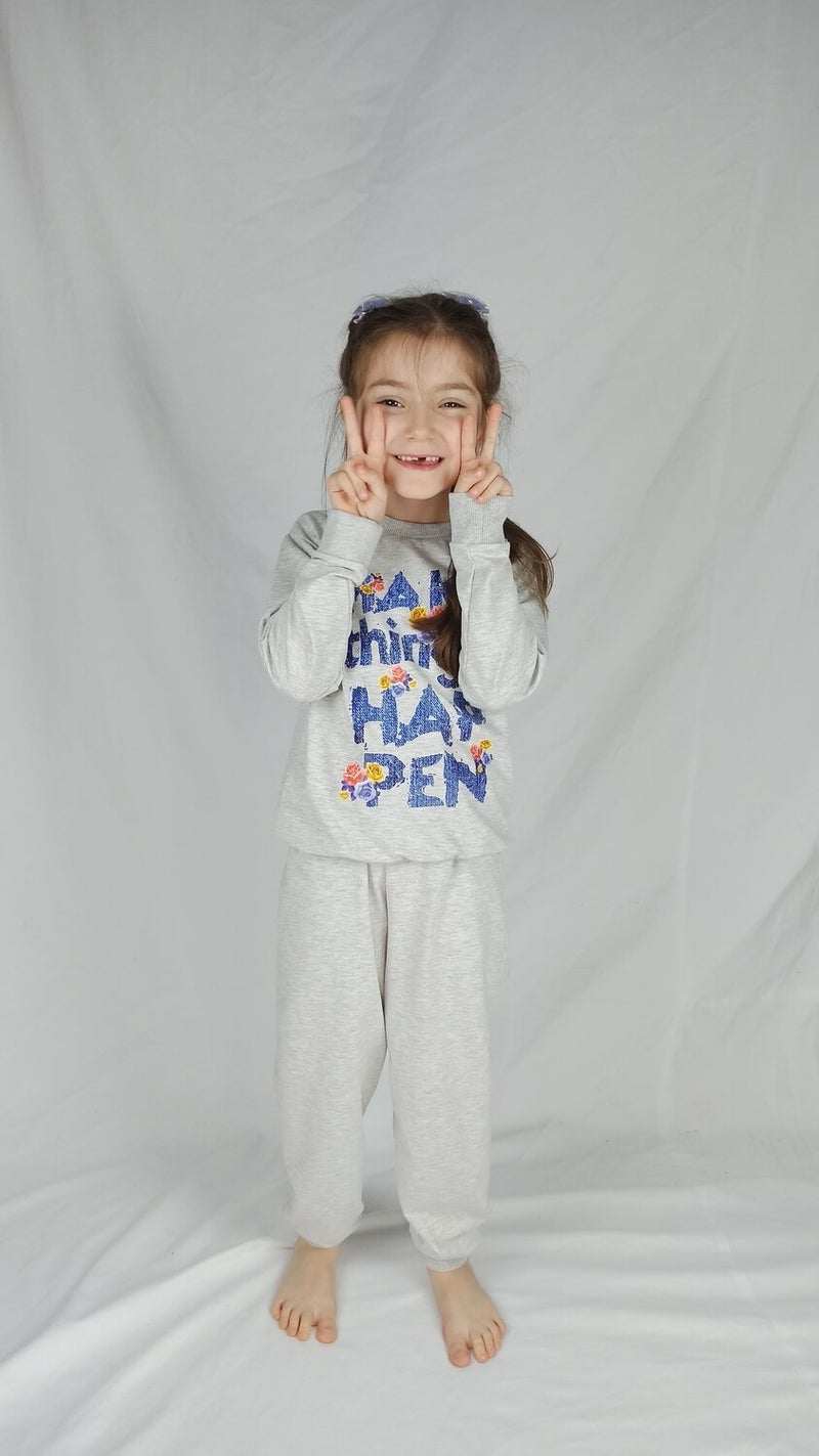 Girl Waiter Gray Printed Cotton Tracksuit Set