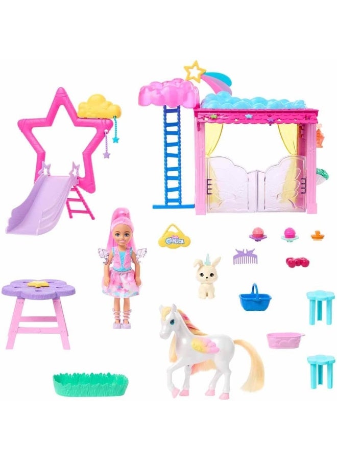 Barbie Chelsea Barbie Doll and Pegasus Playset, Horse Toys, Barbie A Touch of Magic Set with Stable, Pet Bunny and Accessories