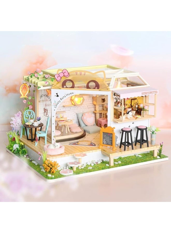 CUTEBEE Dollhouse Miniature with Furniture DIY Wooden Dollhouse Kit Plus Dust Proof Creative Room IdeaCat Coffee Garden
