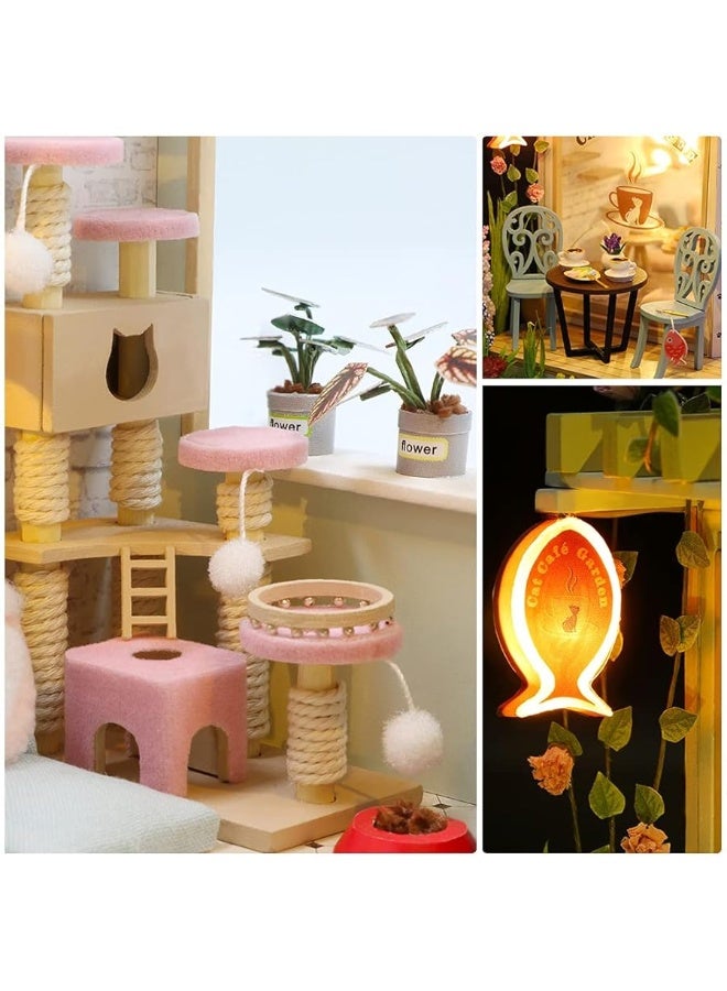 CUTEBEE Dollhouse Miniature with Furniture DIY Wooden Dollhouse Kit Plus Dust Proof Creative Room IdeaCat Coffee Garden