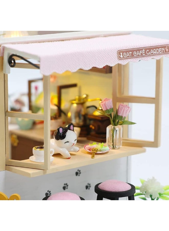 CUTEBEE Dollhouse Miniature with Furniture DIY Wooden Dollhouse Kit Plus Dust Proof Creative Room IdeaCat Coffee Garden