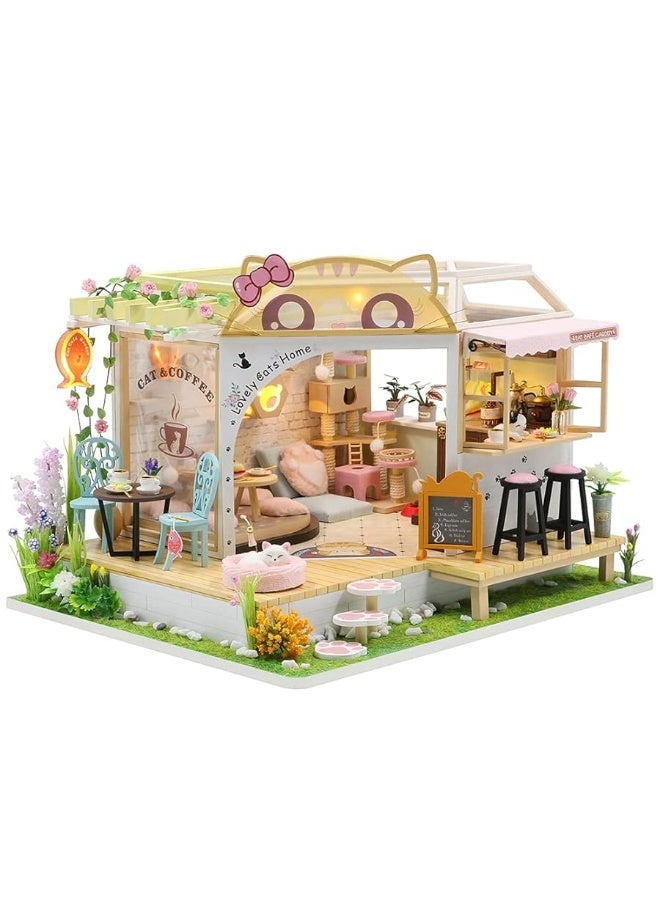 CUTEBEE Dollhouse Miniature with Furniture DIY Wooden Dollhouse Kit Plus Dust Proof Creative Room IdeaCat Coffee Garden