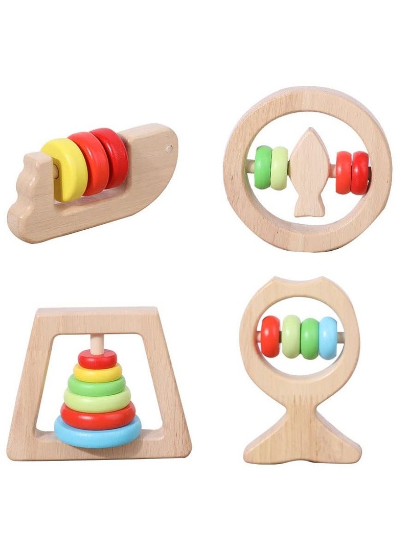 Baby Wooden Rattle Toy Set, 4Pcs Rainbow Color Shaker Bell Set, Infant Rattle Sensory Development Wooden Toys Set for Baby, Toddler