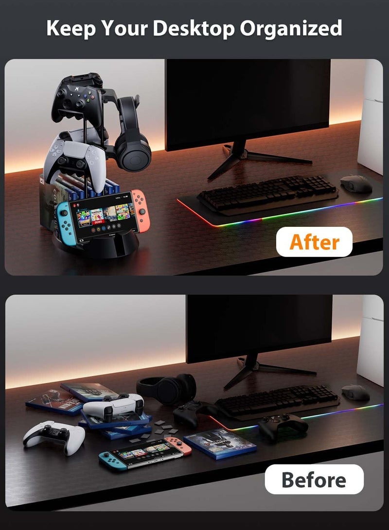 Controller Holder with Organizer Base, 2-Tier Desk Gaming Controller and Headset Stand with Cable Organizer, Compatible with Xbox, PS4, PS5, Switch Pro Controller Gaming Accessories