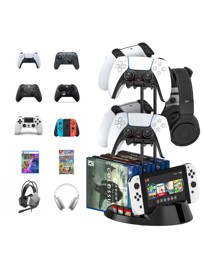 Controller Holder with Organizer Base, 2-Tier Desk Gaming Controller and Headset Stand with Cable Organizer, Compatible with Xbox, PS4, PS5, Switch Pro Controller Gaming Accessories