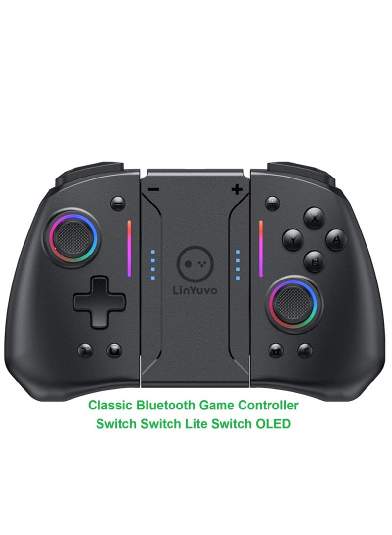 Classic Gamepad LinYuvo Joy Con Bluetooth Game Controller Compatible with Switch, Switch Lite, Switch OLED Color RGB Light Six-Axis Gyroscope Turbo Function Adjustment Dual Vibration Black