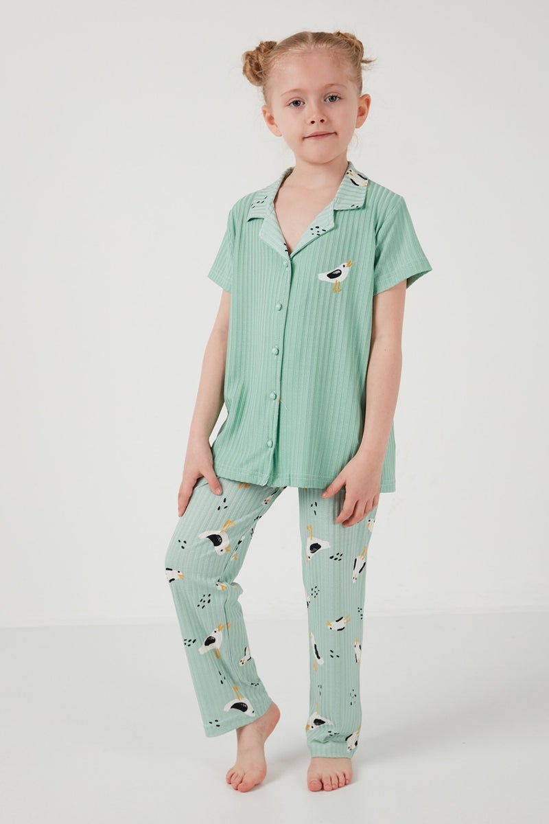 Printed Elastic Waist Shirt Collar Short Sleeve Pajama Set Girls' Set 6576001