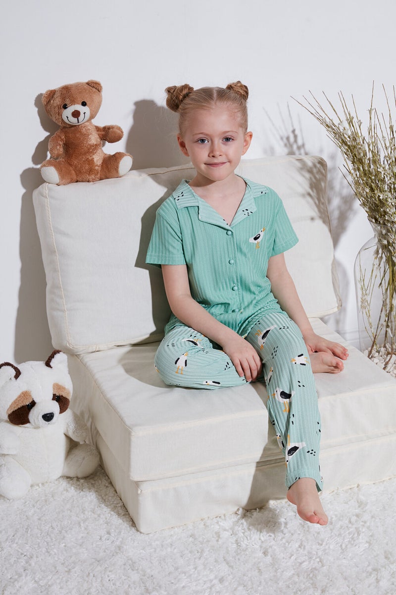 Printed Elastic Waist Shirt Collar Short Sleeve Pajama Set Girls' Set 6576001