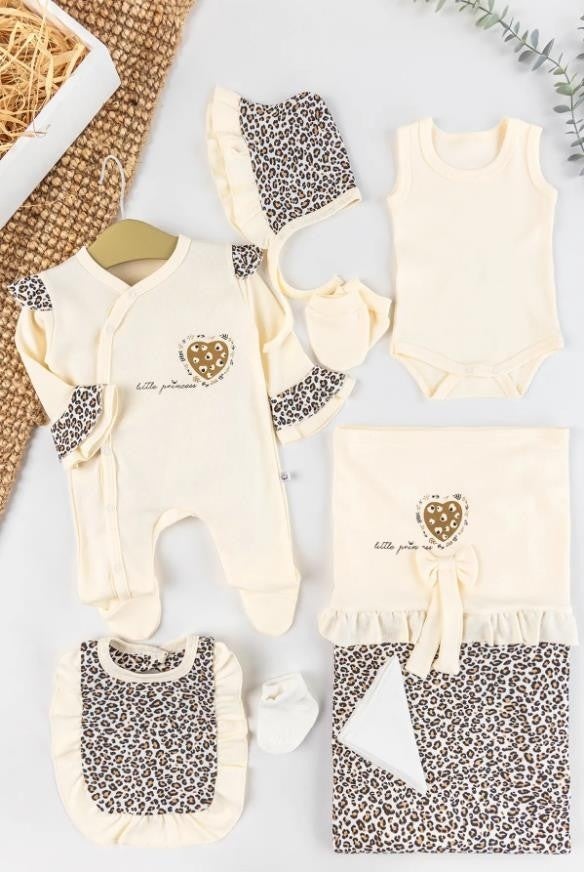 Leopard Pattern Baby Girl Newborn 8-Piece Romper Set 0-3 Months Gift Hospital Delivery 5016