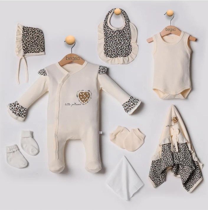 Leopard Pattern Baby Girl Newborn 8-Piece Romper Set 0-3 Months Gift Hospital Delivery 5016