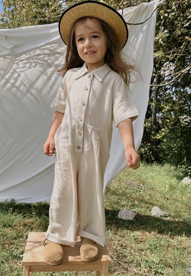 Waist Pleated Linen Jumpsuit 2-7 Years Natural