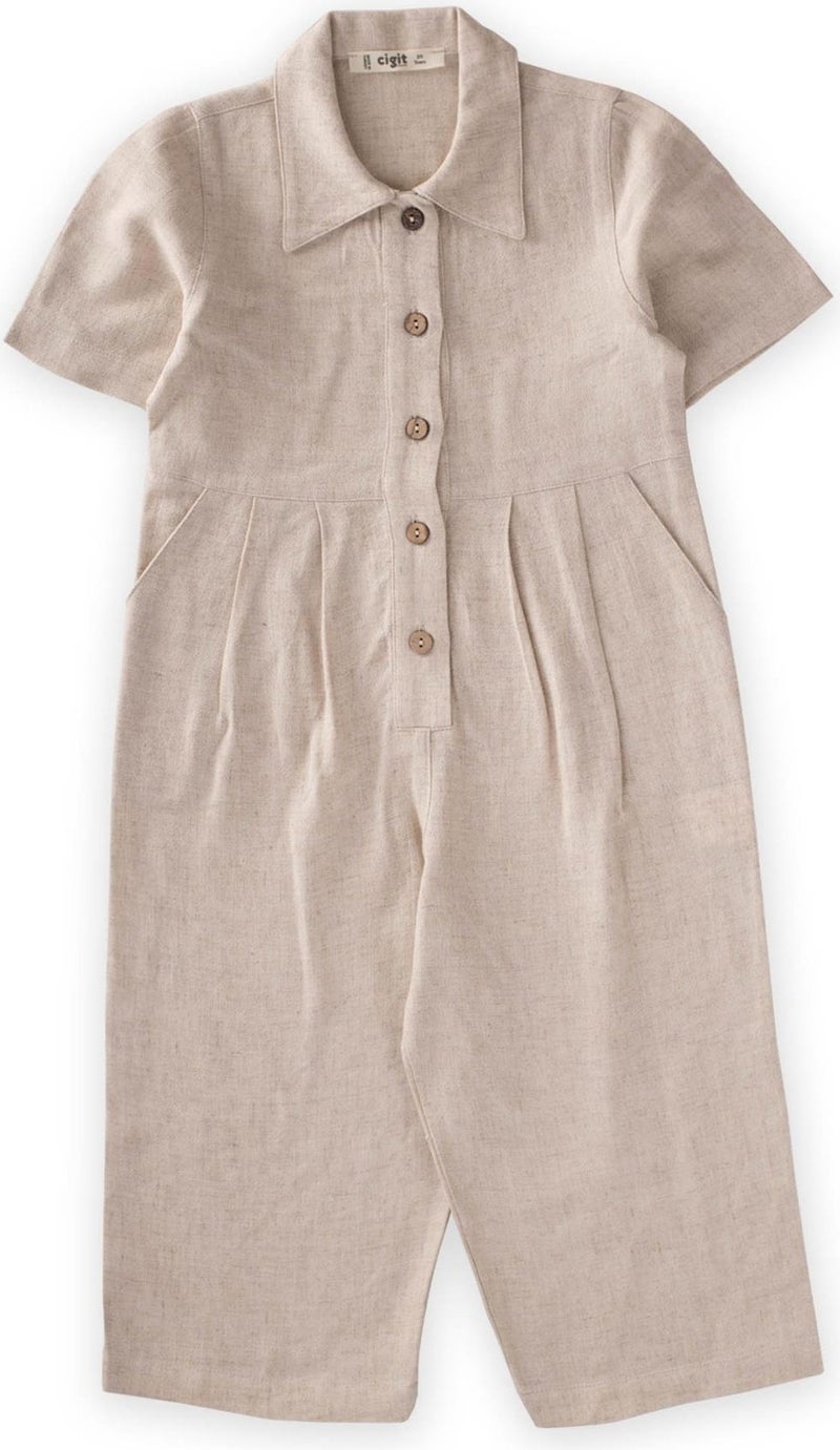 Waist Pleated Linen Jumpsuit 2-7 Years Natural