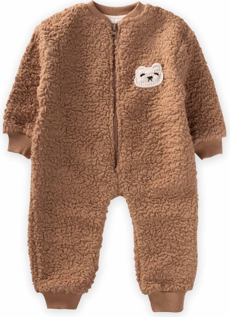 Bear Knitted Appliqued Plush Jumpsuit Brown