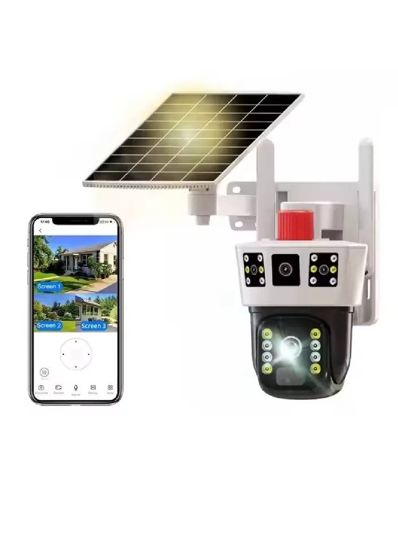 4MP 4G Solar Powered Security Camera System - 3-Screen Dual Lens PTZ CCTV, IP Camera with Motion Detection and Night Vision