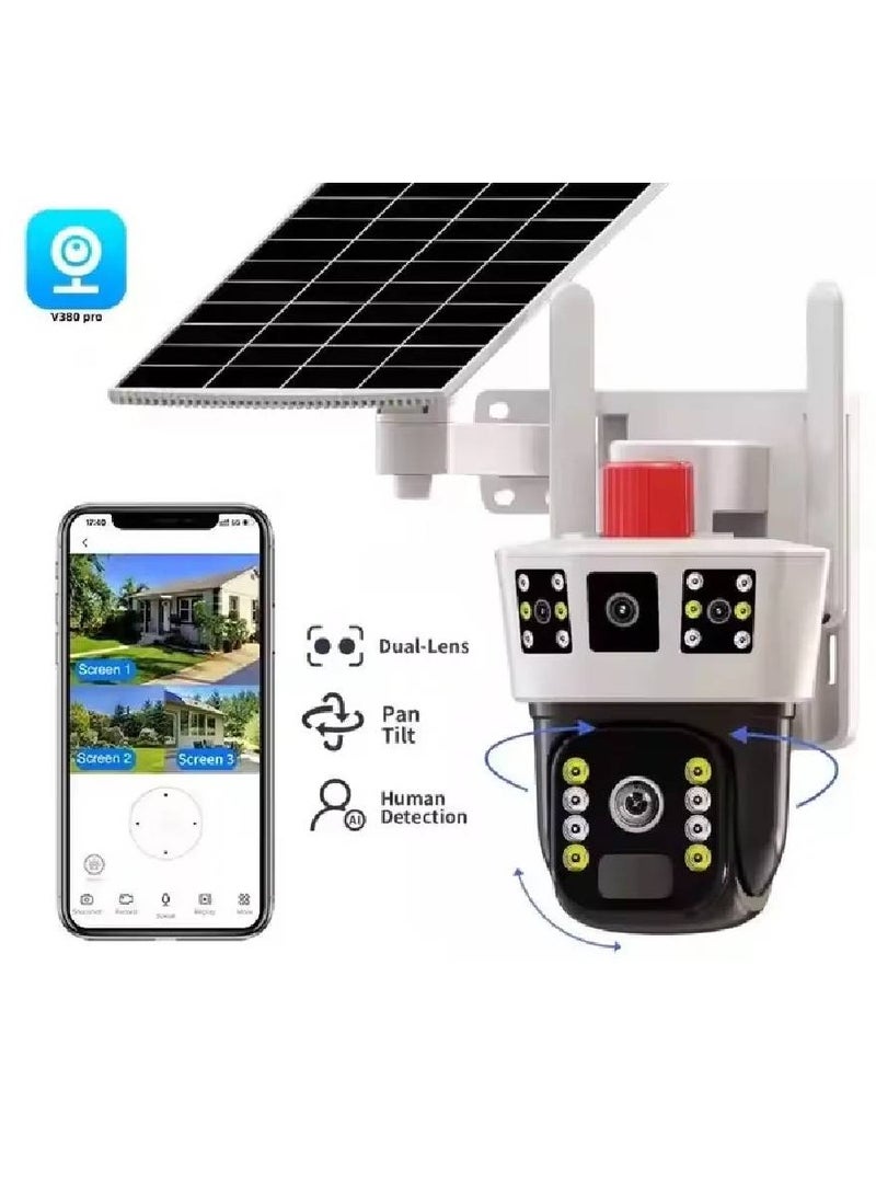 4MP 4G Solar Powered Security Camera System - 3-Screen Dual Lens PTZ CCTV, IP Camera with Motion Detection and Night Vision