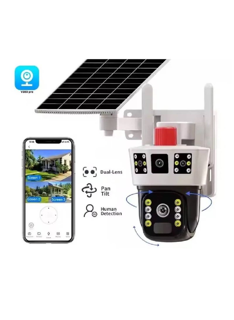 Solar Powered CCTV System - 4MP 4G SIM Card Security Cameras with 3 Screens, PTZ Dual Lens, HD Video, Weatherproof Design