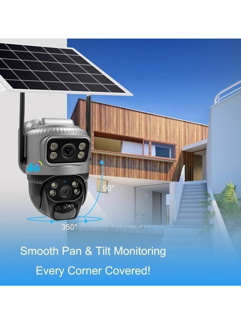 4G HD Solar Outdoor Camera - Dual Lens PTZ 355°/90°, Night Vision, PIR Motion Detection, Two-Way Audio, IP66 Rated for All Weather