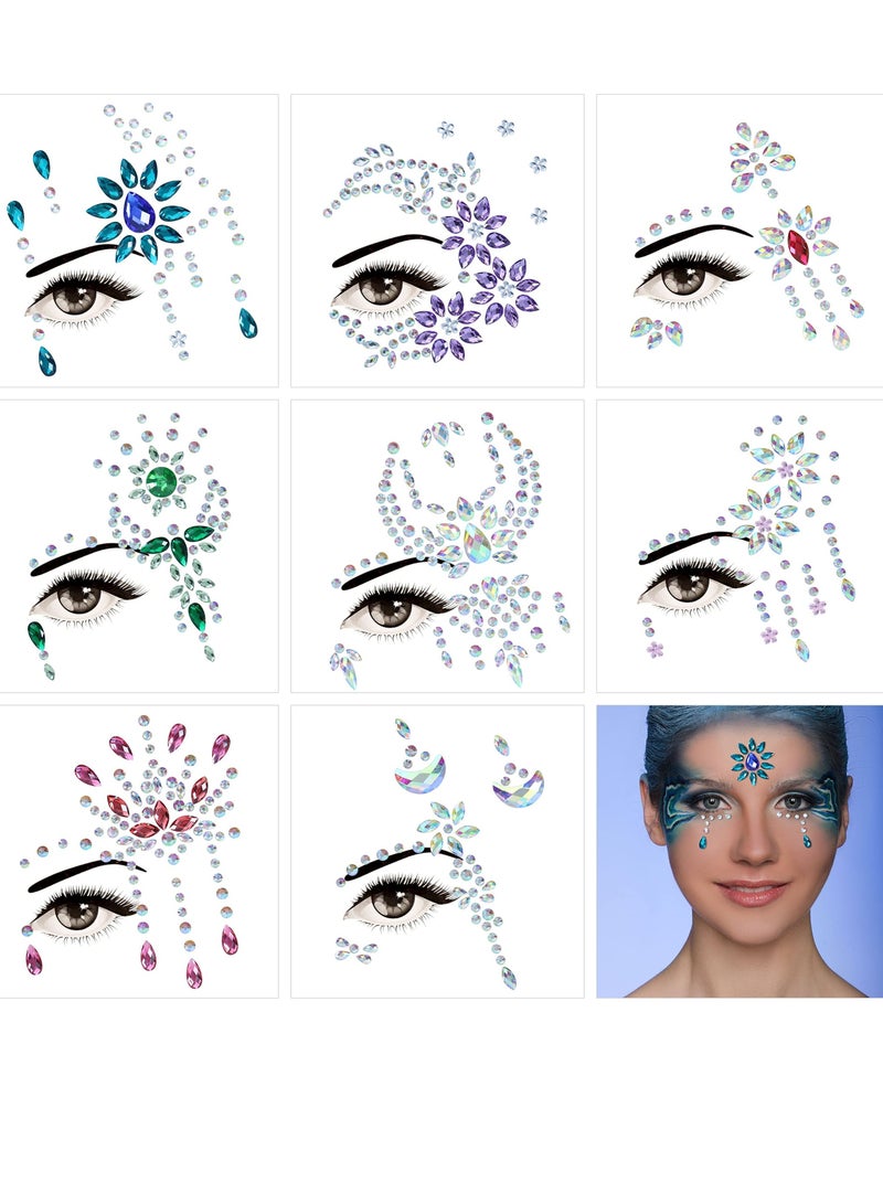 Face Gems, 8 Sets Stick-On Face Jewels, Rhinestones for Eyes and Body, Rave Outfits, Euphoria Fairy Makeup, Festival, Costume, and Party Accessories