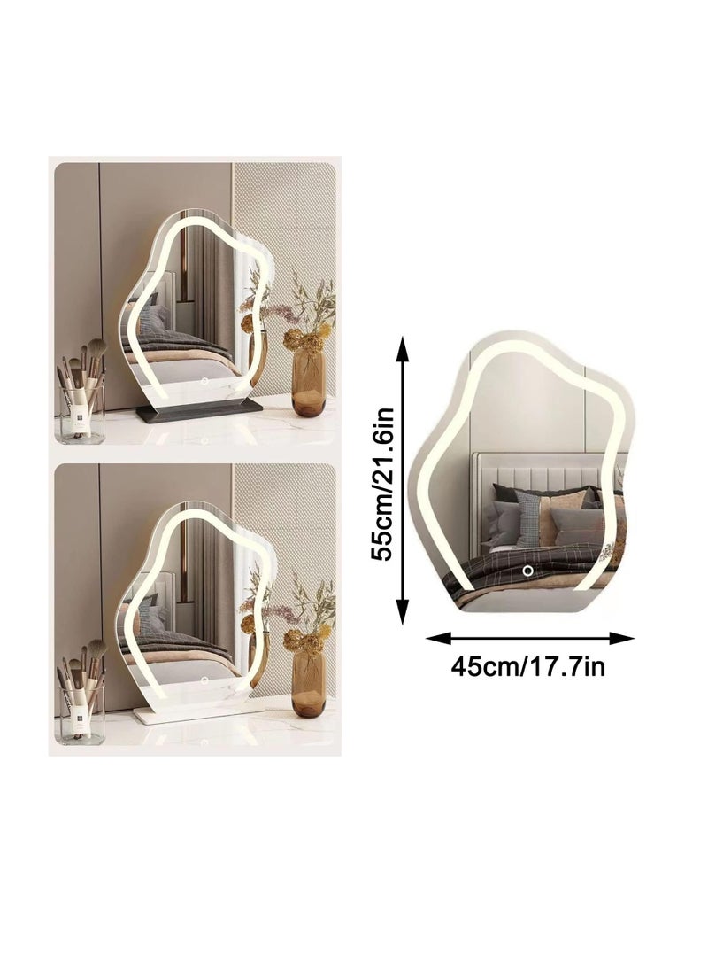 Vanity Mirror with LED Lights Strip 45X55CM Irregular Cloud Mirror, Lighted Makeup Mirror with Dimmable 3 Light Modes Vanity Mirror for Tabletop or Wall-Mounted Bedroom Dormitory