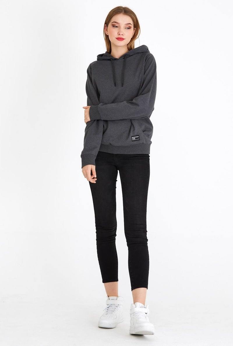 Women's Anthracite Hooded Basic Knitted Sweatshirt