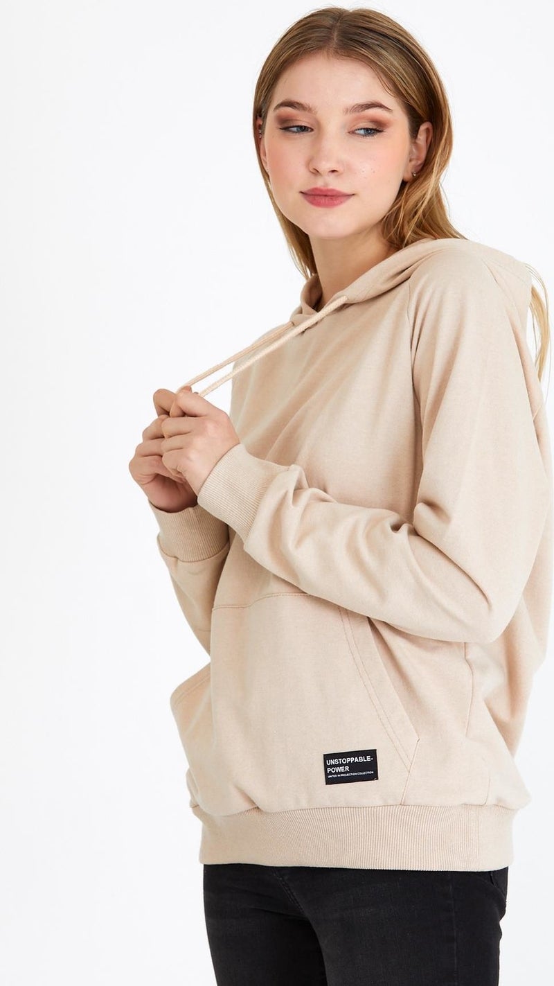 Women's Beige Hooded Basic Knitted Sweatshirt