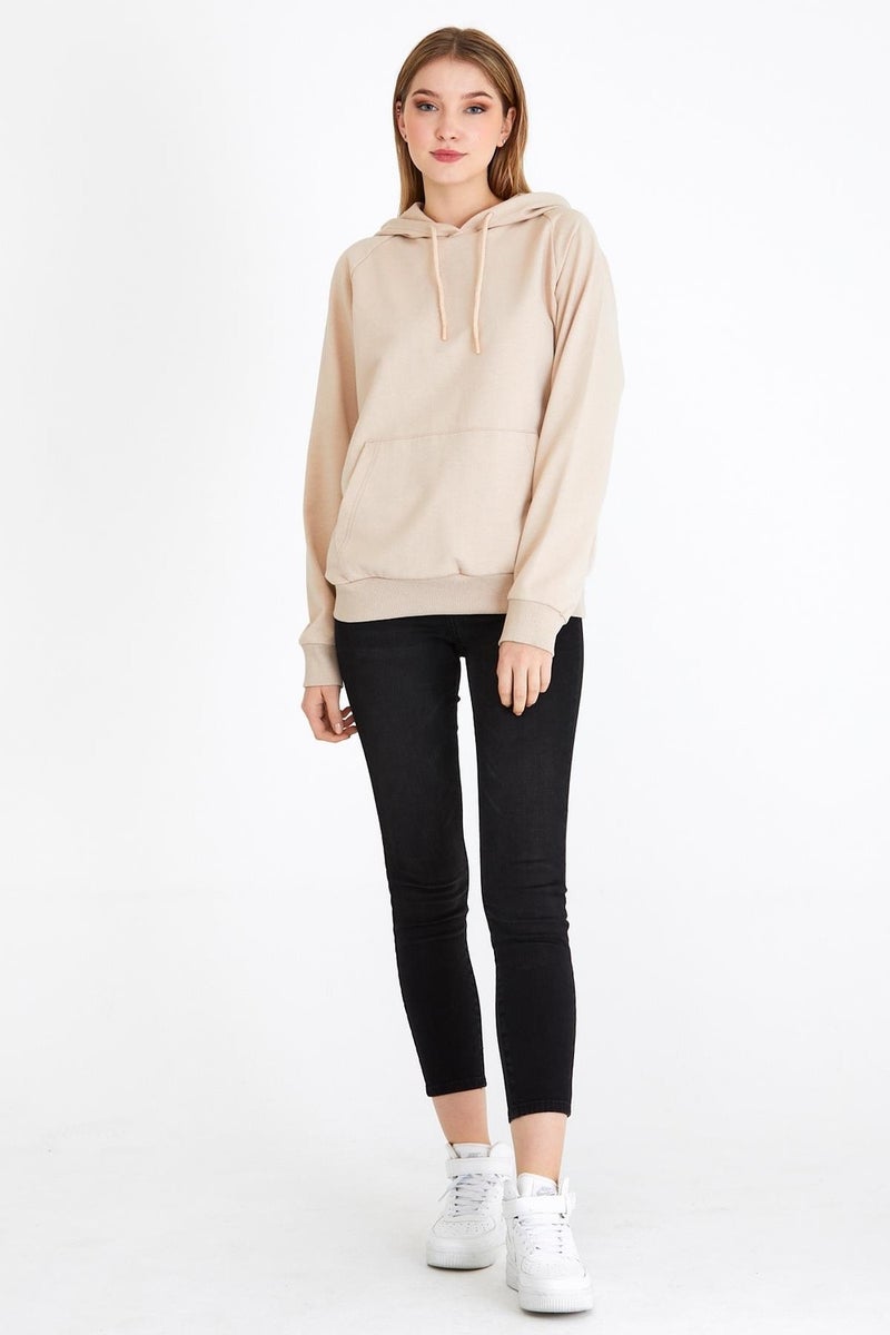 Women's Beige Hooded Basic Knitted Sweatshirt