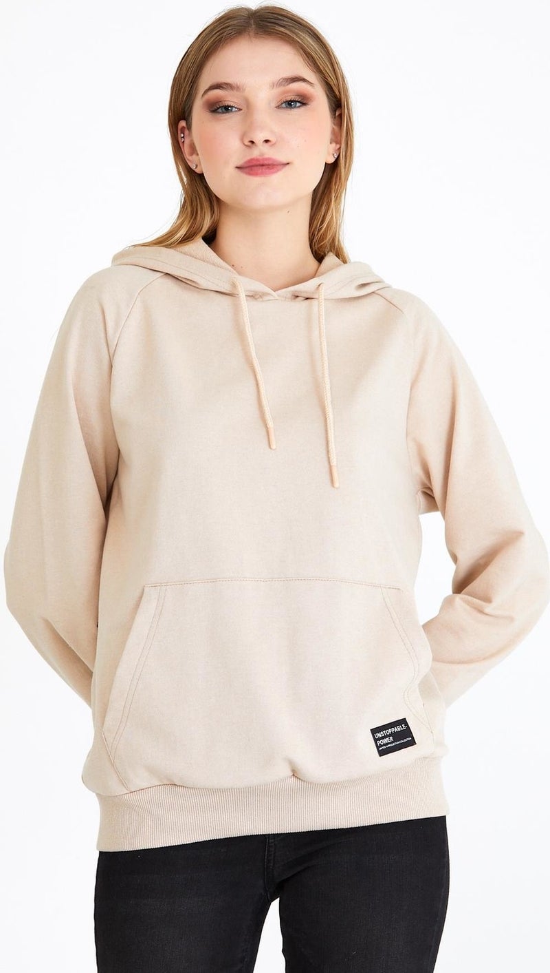 Women's Beige Hooded Basic Knitted Sweatshirt