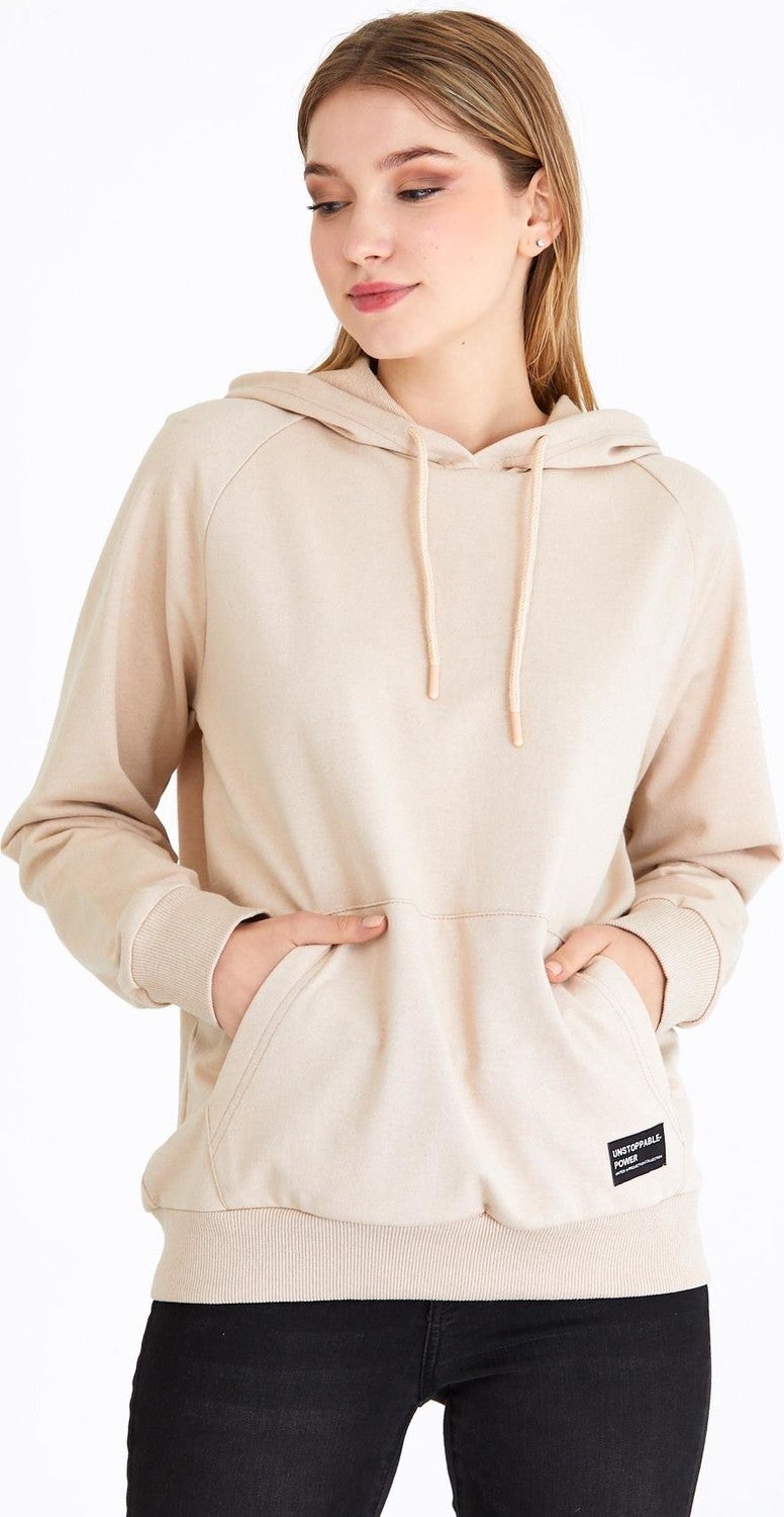 Women's Beige Hooded Basic Knitted Sweatshirt