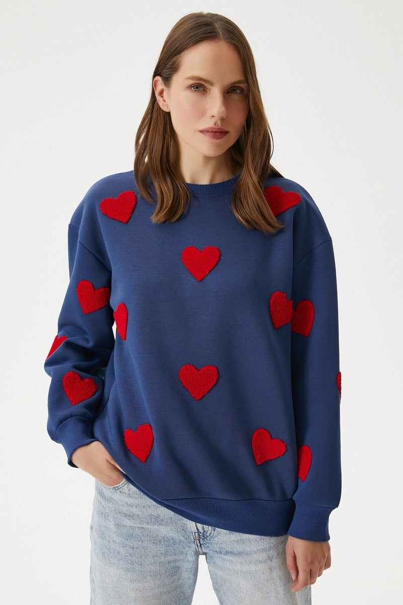 Women's Love Heart Embroidered Navy Blue Red Sweatshirt