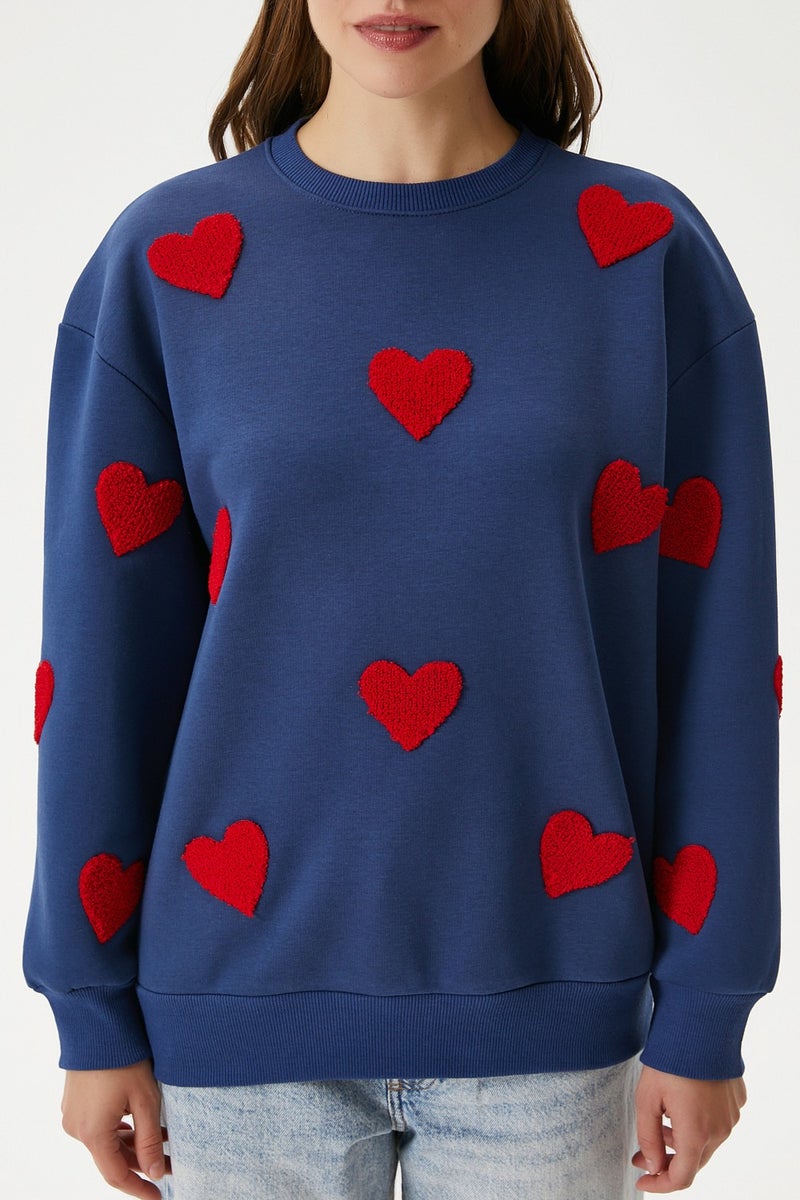 Women's Love Heart Embroidered Navy Blue Red Sweatshirt