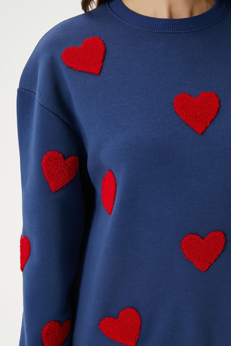 Women's Love Heart Embroidered Navy Blue Red Sweatshirt