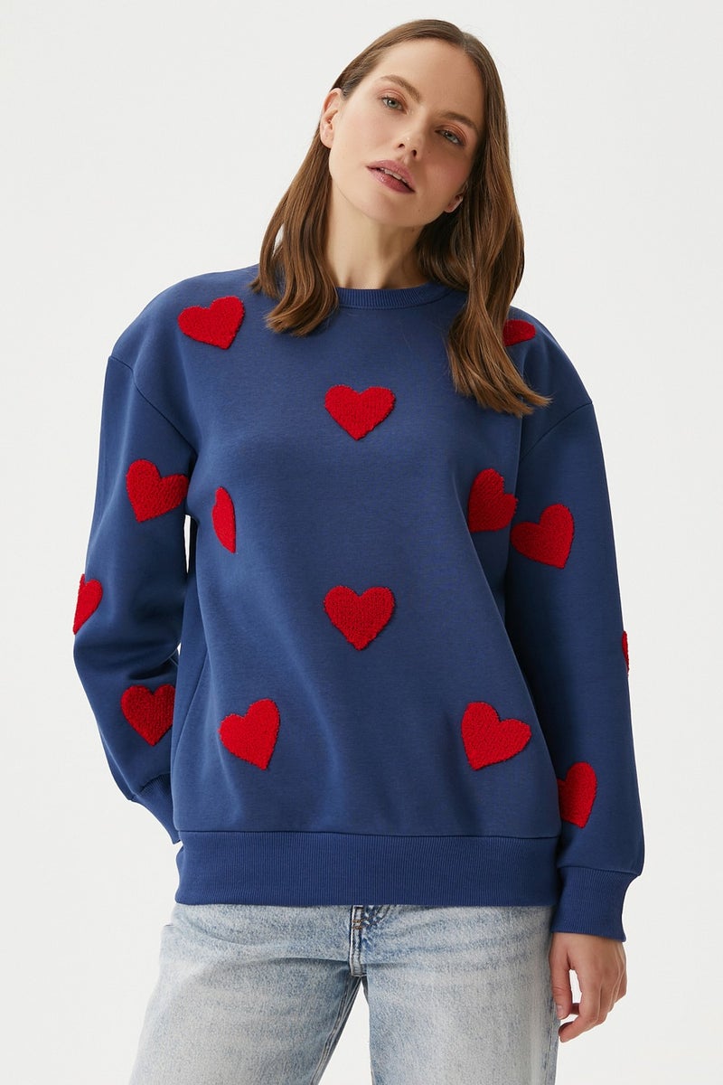 Women's Love Heart Embroidered Navy Blue Red Sweatshirt