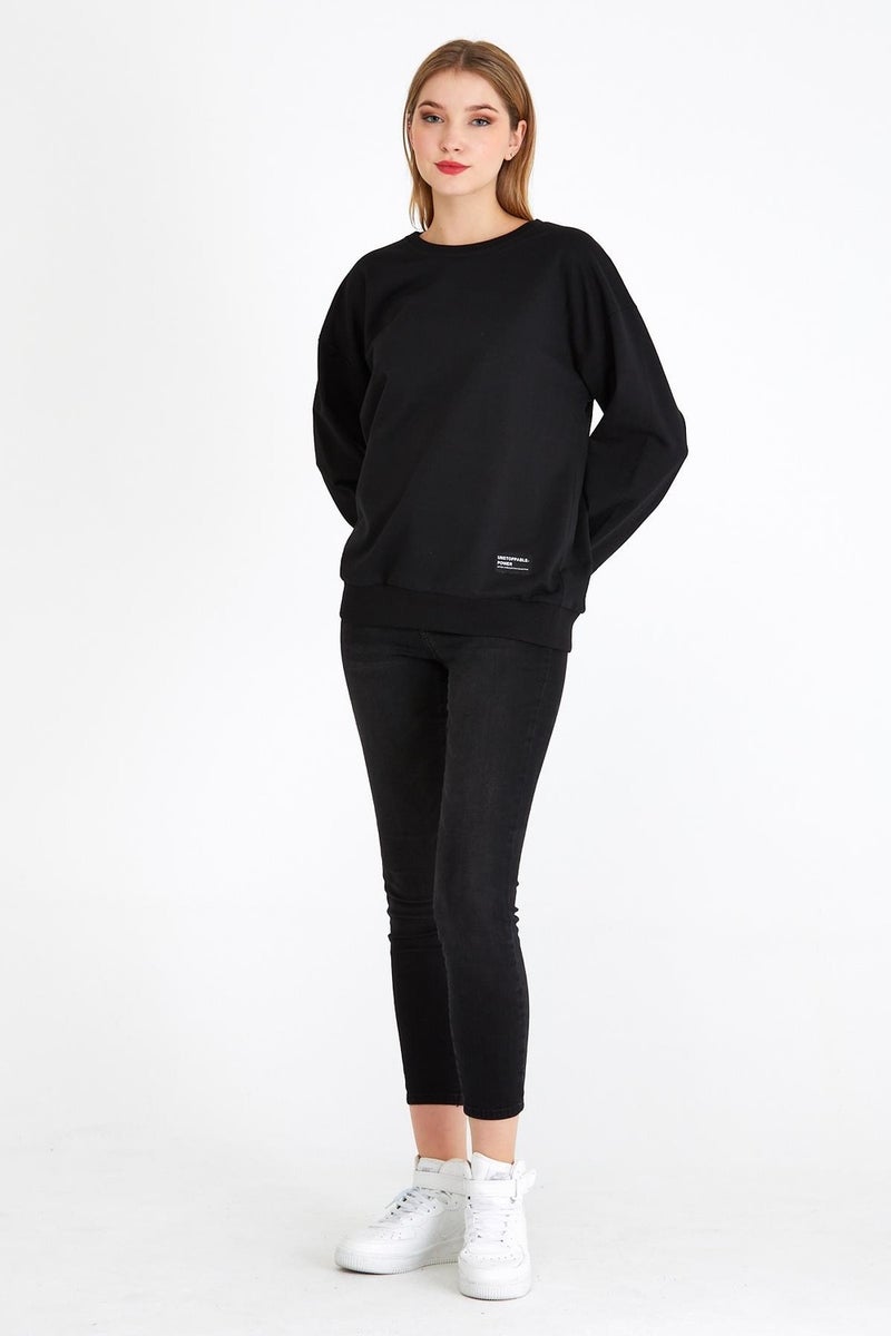 Women's Black Color Basic Crew Neck Sweatshirt