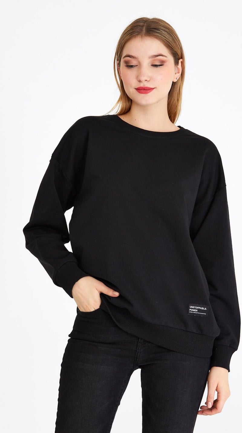 Women's Black Color Basic Crew Neck Sweatshirt