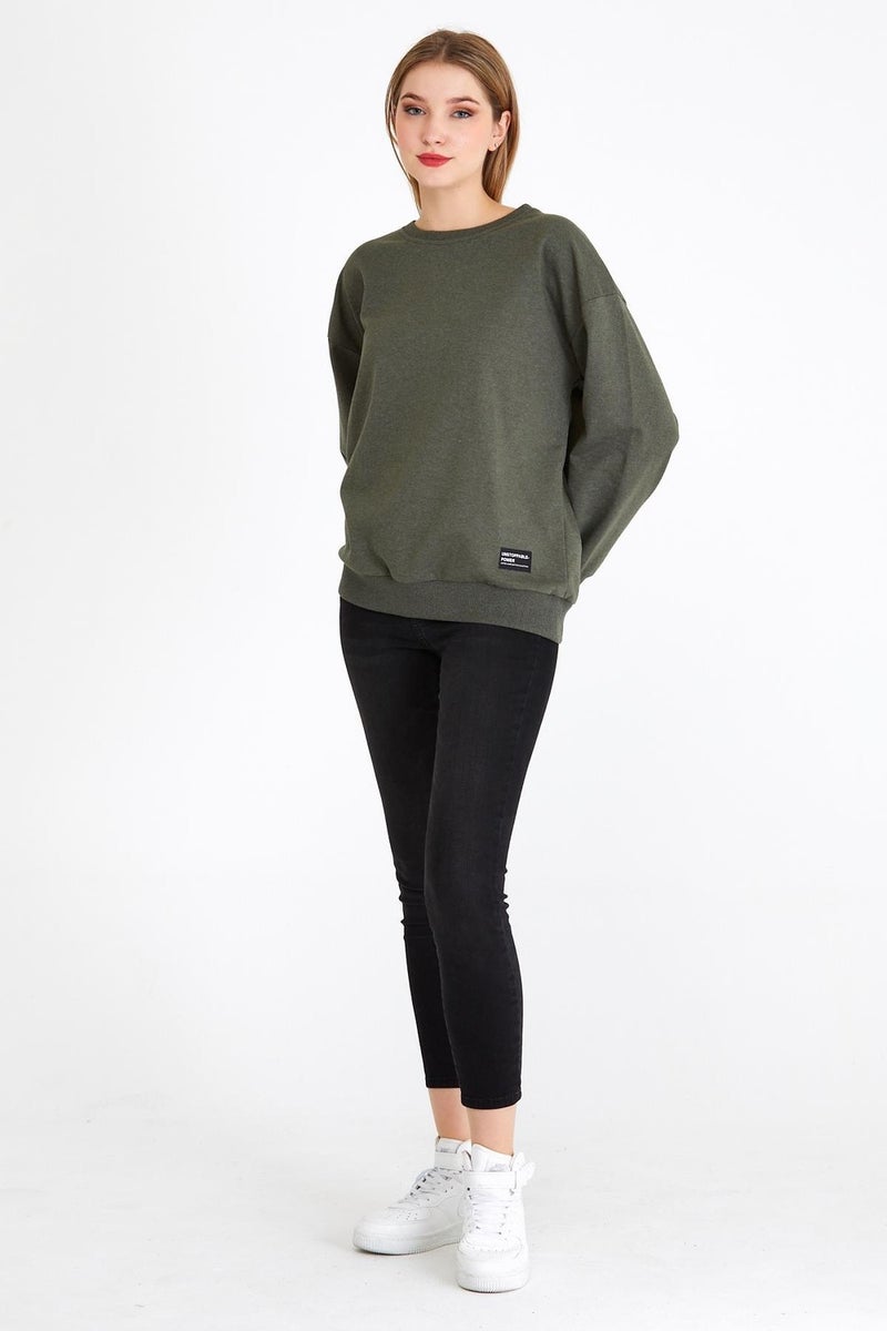 Women's Khaki Color Basic Crew Neck Sweatshirt