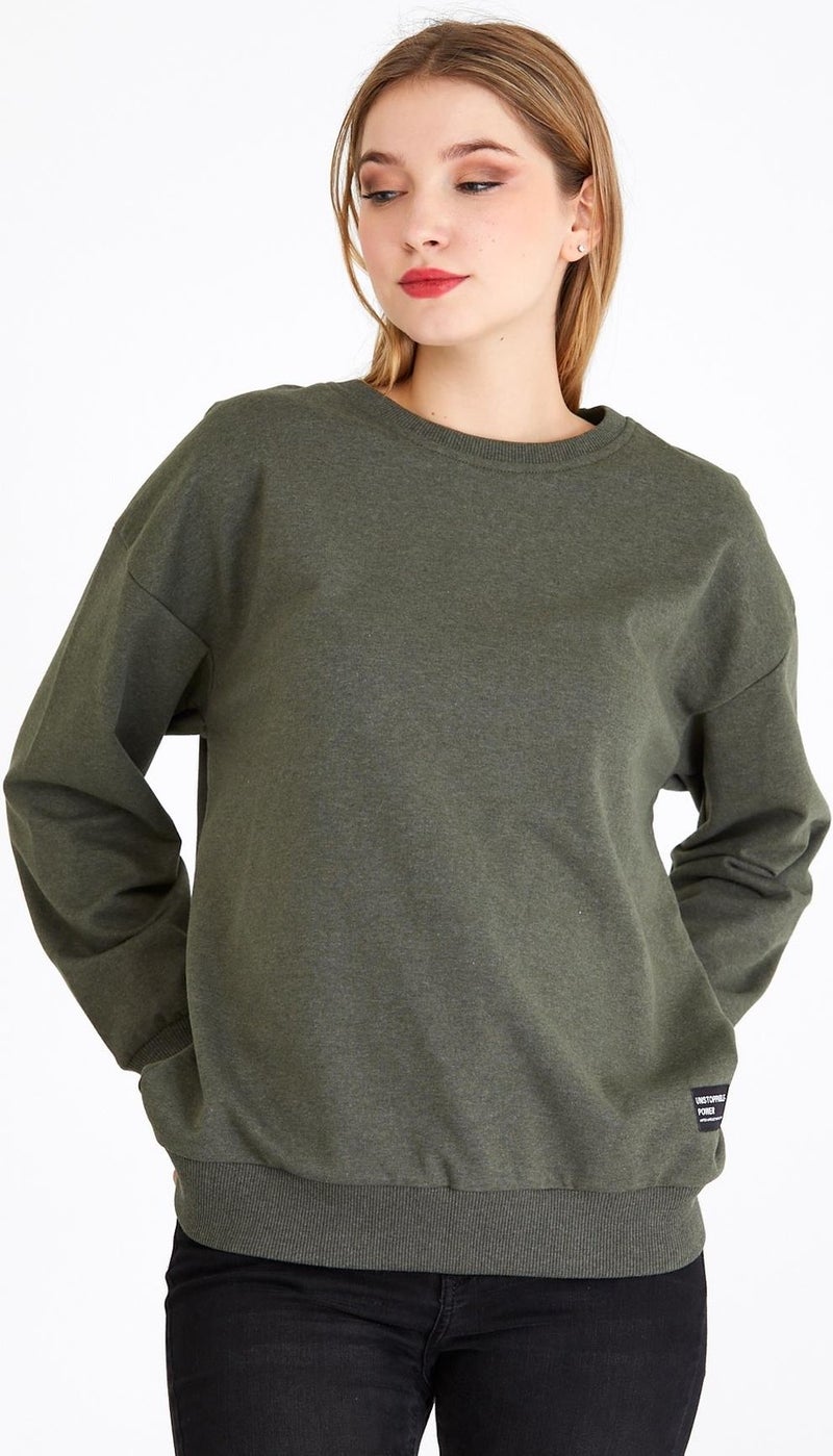 Women's Khaki Color Basic Crew Neck Sweatshirt