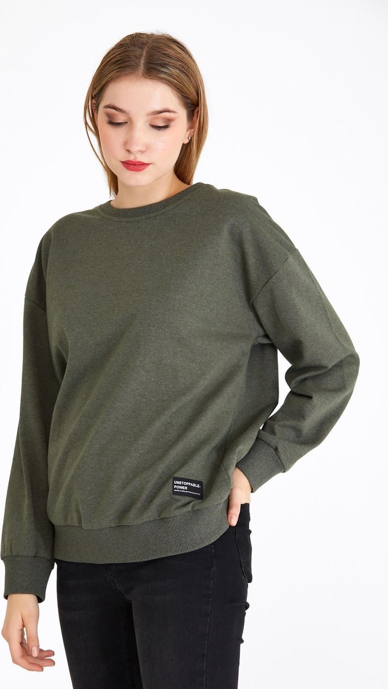 Women's Khaki Color Basic Crew Neck Sweatshirt