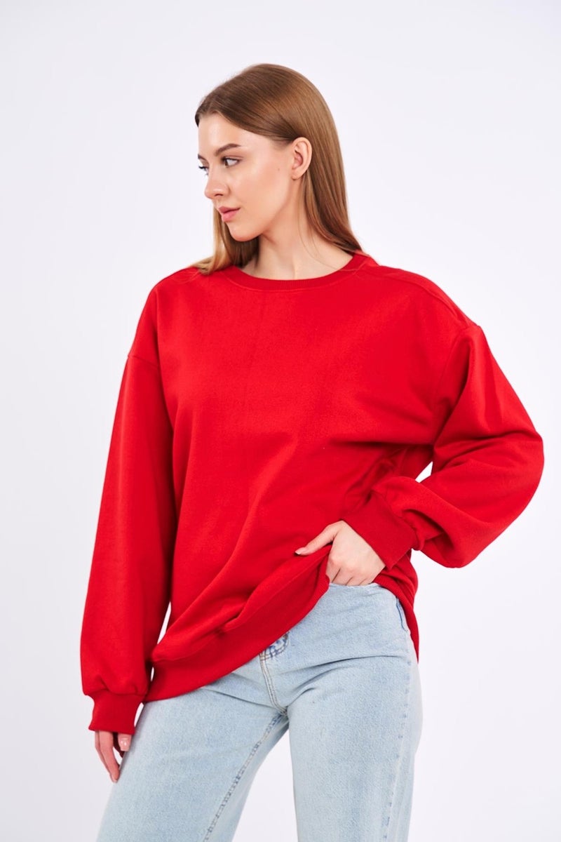 Red Women's Cotton Oversize Basic Crew Neck Sweatshirt