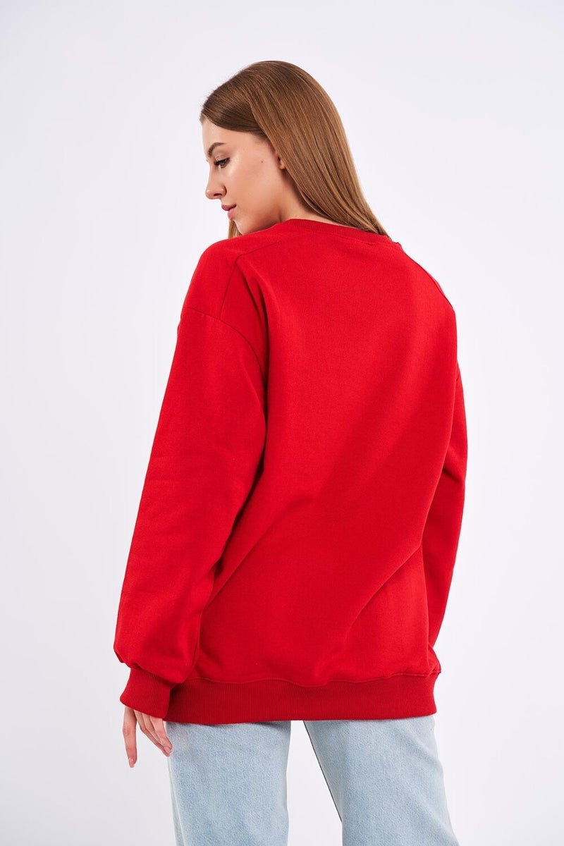 Red Women's Cotton Oversize Basic Crew Neck Sweatshirt