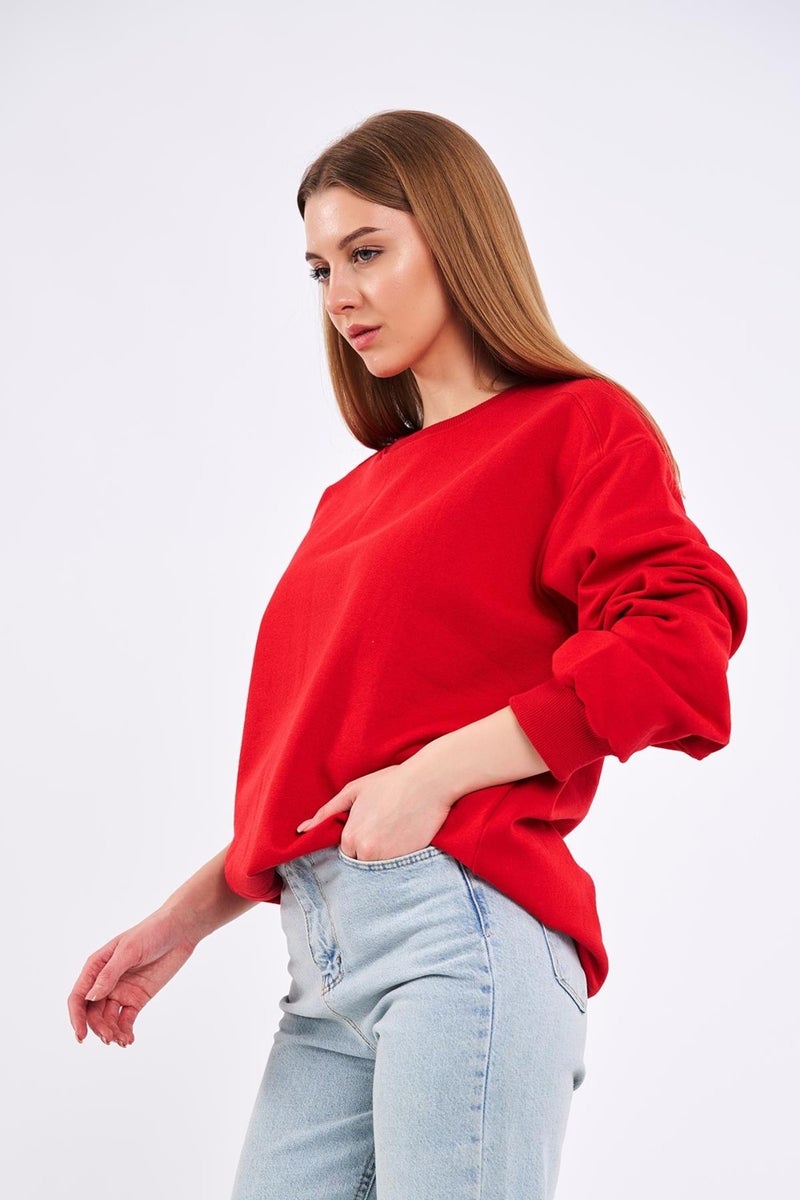 Red Women's Cotton Oversize Basic Crew Neck Sweatshirt