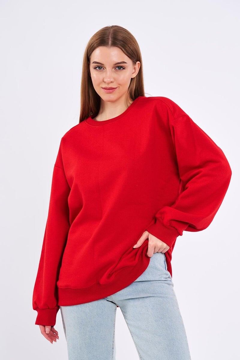 Red Women's Cotton Oversize Basic Crew Neck Sweatshirt