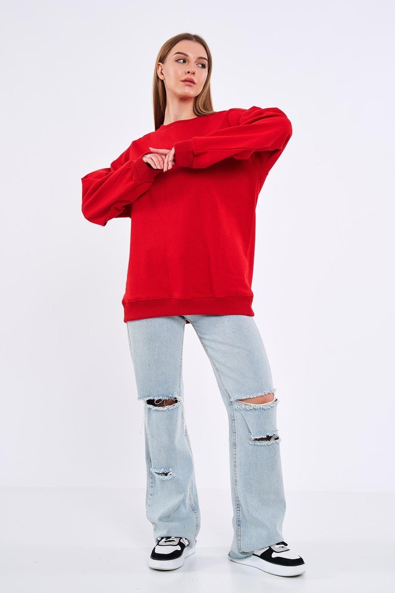 Red Women's Cotton Oversize Basic Crew Neck Sweatshirt