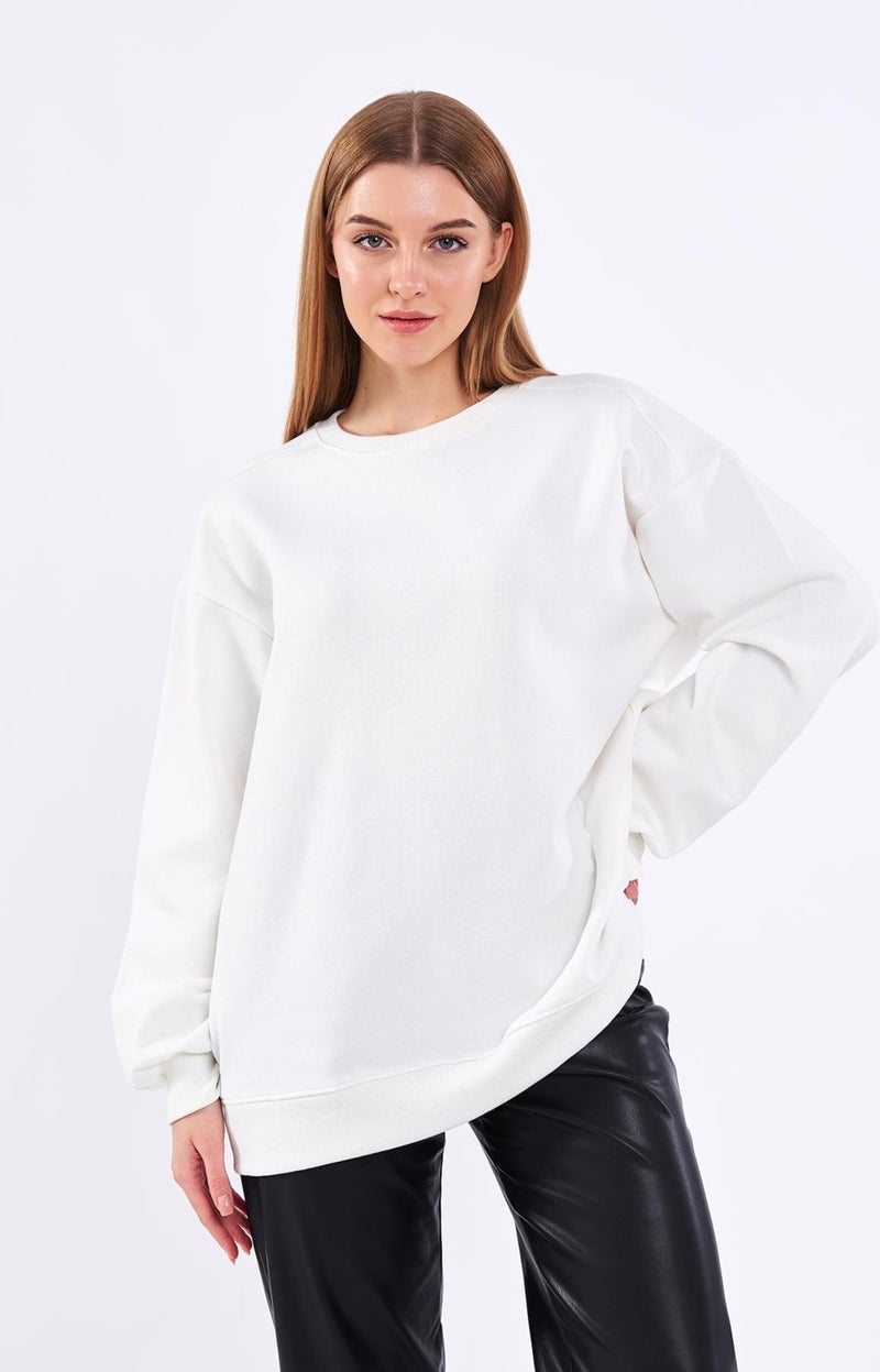 Ecru Women's Cotton Oversize Basic Crew Neck Sweatshirt