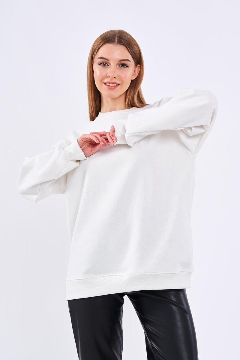 Ecru Women's Cotton Oversize Basic Crew Neck Sweatshirt