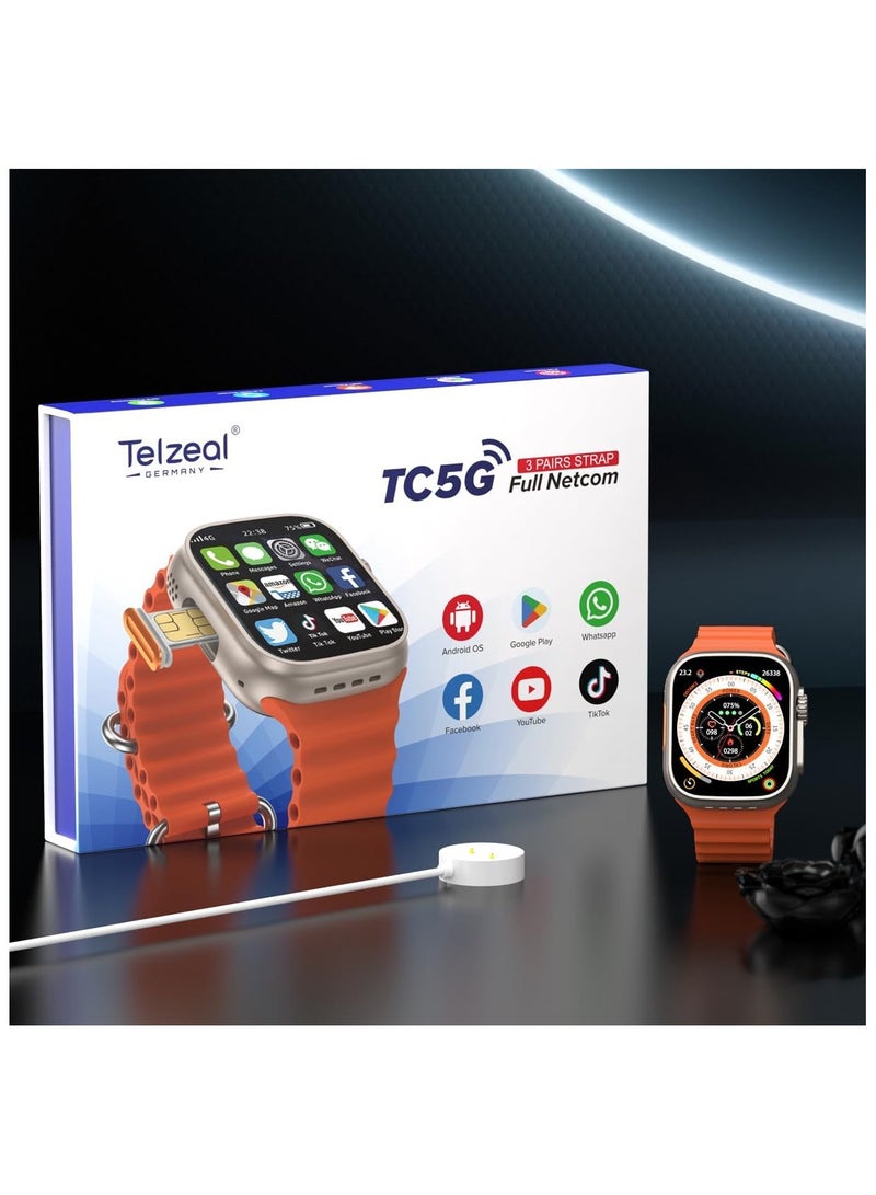 Telzeal Germany TC5G 2.2 Inch Full Screen Display Smart Watch With Sim Slot 3 Pair Straps and Wireless Charger For Ladies and Gents