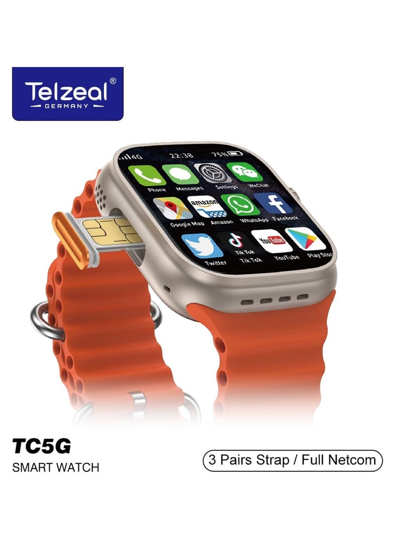 Telzeal Germany TC5G 2.2 Inch Full Screen Display Smart Watch With Sim Slot 3 Pair Straps and Wireless Charger For Ladies and Gents