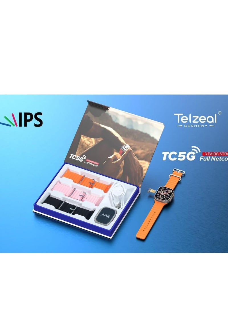 Telzeal Germany TC5G 2.2 Inch Full Screen Display Smart Watch With Sim Slot 3 Pair Straps and Wireless Charger For Ladies and Gents