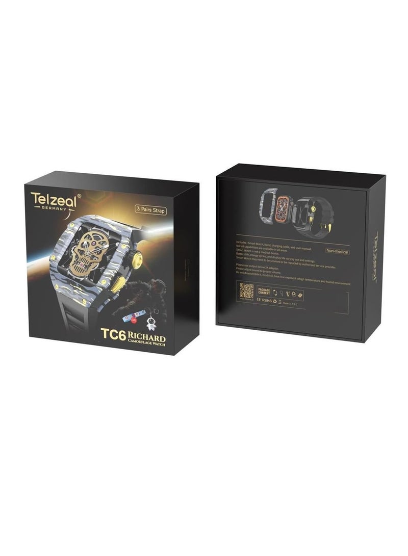 Telzeal Germany TC6 Richard Camouflage Watch With 3 Pair Straps With In Built Protection Case and Wireless Charger For Men's and Boys Black