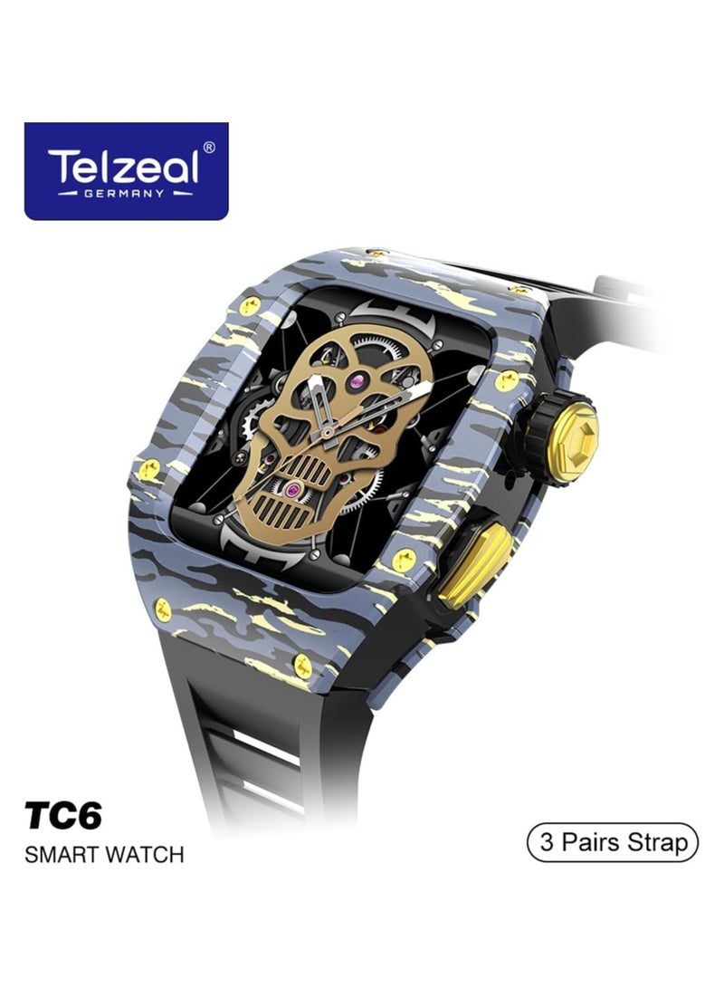 Telzeal Germany TC6 Richard Camouflage Watch With 3 Pair Straps With In Built Protection Case and Wireless Charger For Men's and Boys Black