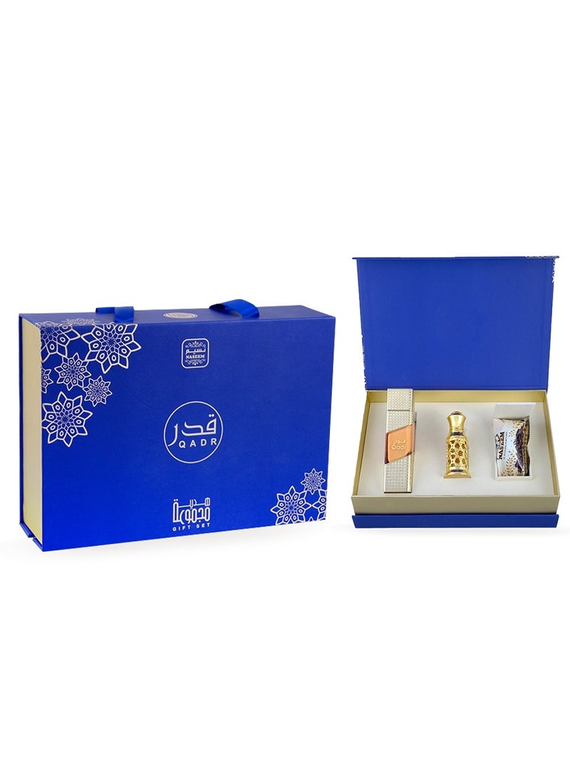 Qadr Gift Set (3-Piece Collection)–(Perfume, Premium Oil and Bakhoor)-Majestic Trio for a Lasting Impression